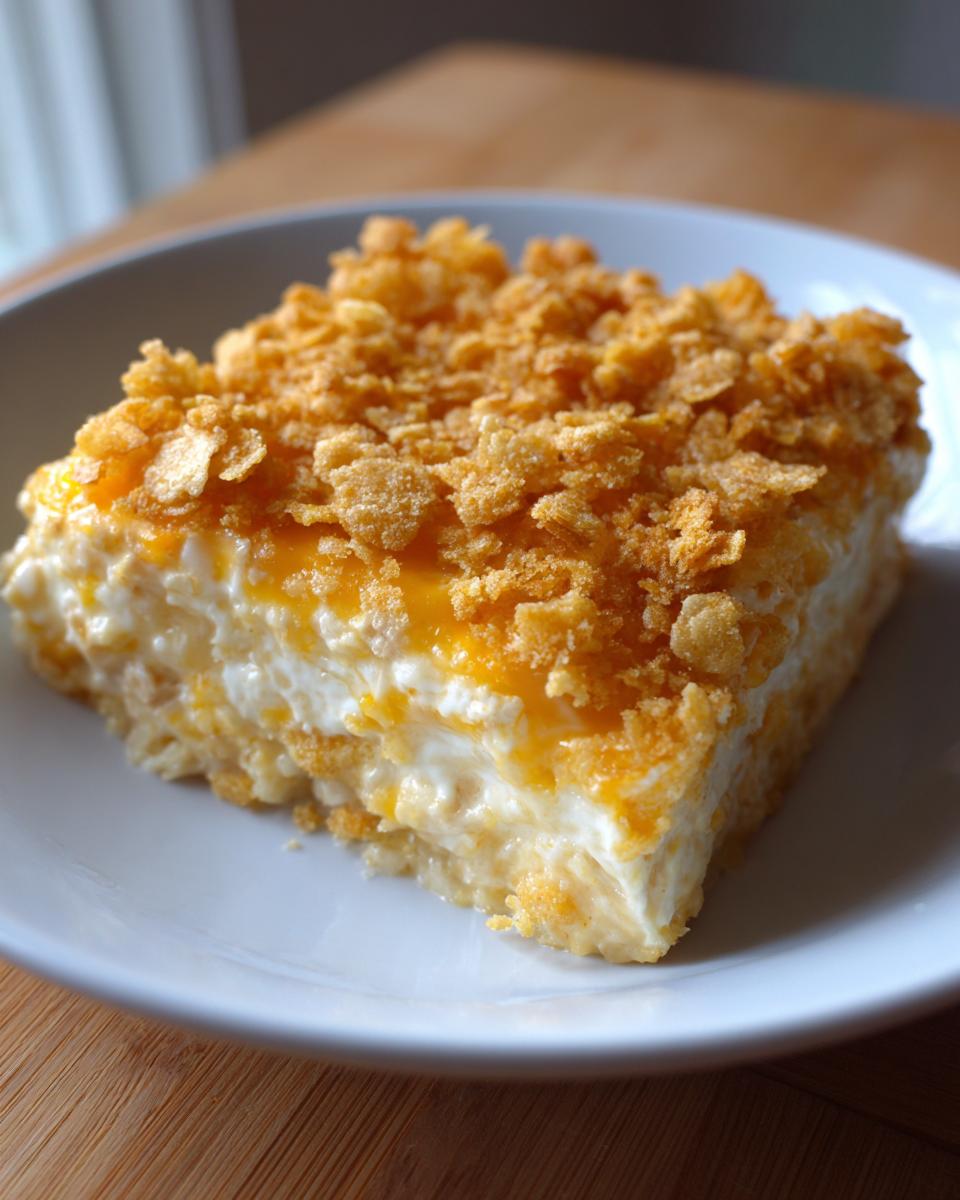 A square serving of creamy rice casserole topped with melted cheese and crunchy cornflakes.