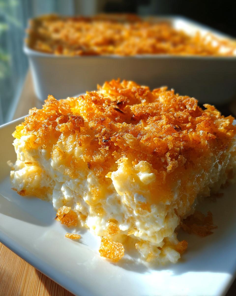 A close-up serving of creamy rice casserole with a golden, crunchy topping on a white plate.