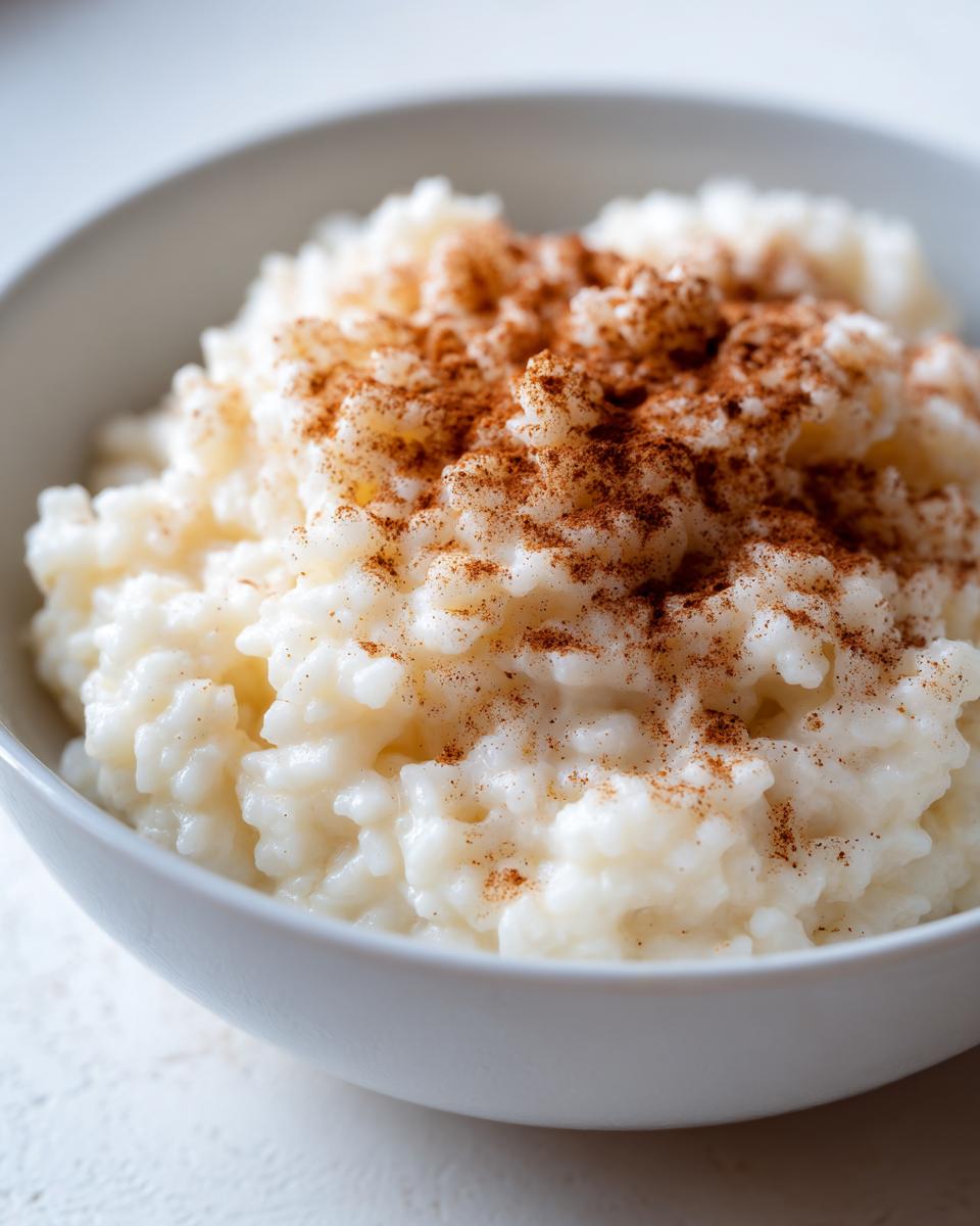 Close-up of creamy rice pudding generously sprinkled with cinnamon in a white bowl.
