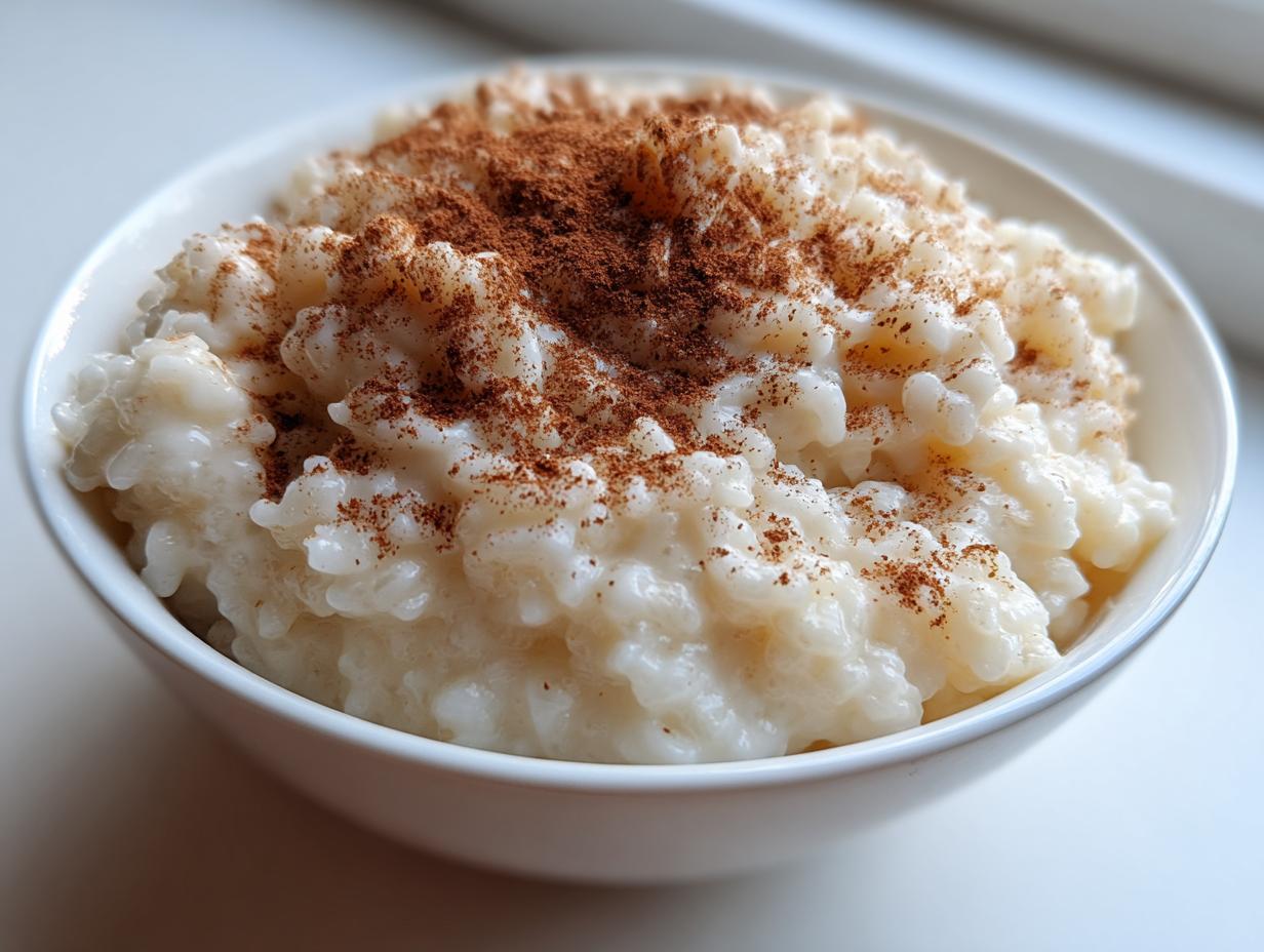 Close-up of a white bowl filled with creamy rice pudding generously topped with ground cinnamon.