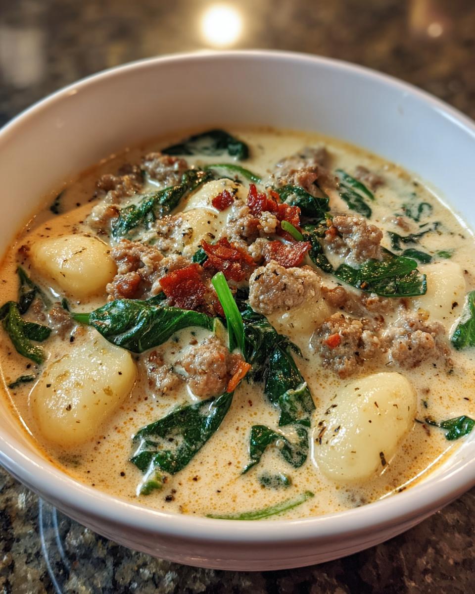 Close-up of a creamy bowl of sausage gnocchi soup featuring tender gnocchi, crumbled sausage, wilted spinach, and bacon bits.