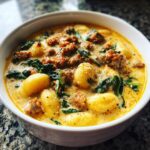 Close-up of a bowl of creamy sausage gnocchi soup with wilted spinach and black pepper seasoning.
