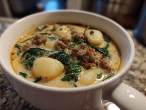 Close-up of a white mug filled with creamy sausage gnocchi soup, featuring chunks of sausage and wilted spinach.