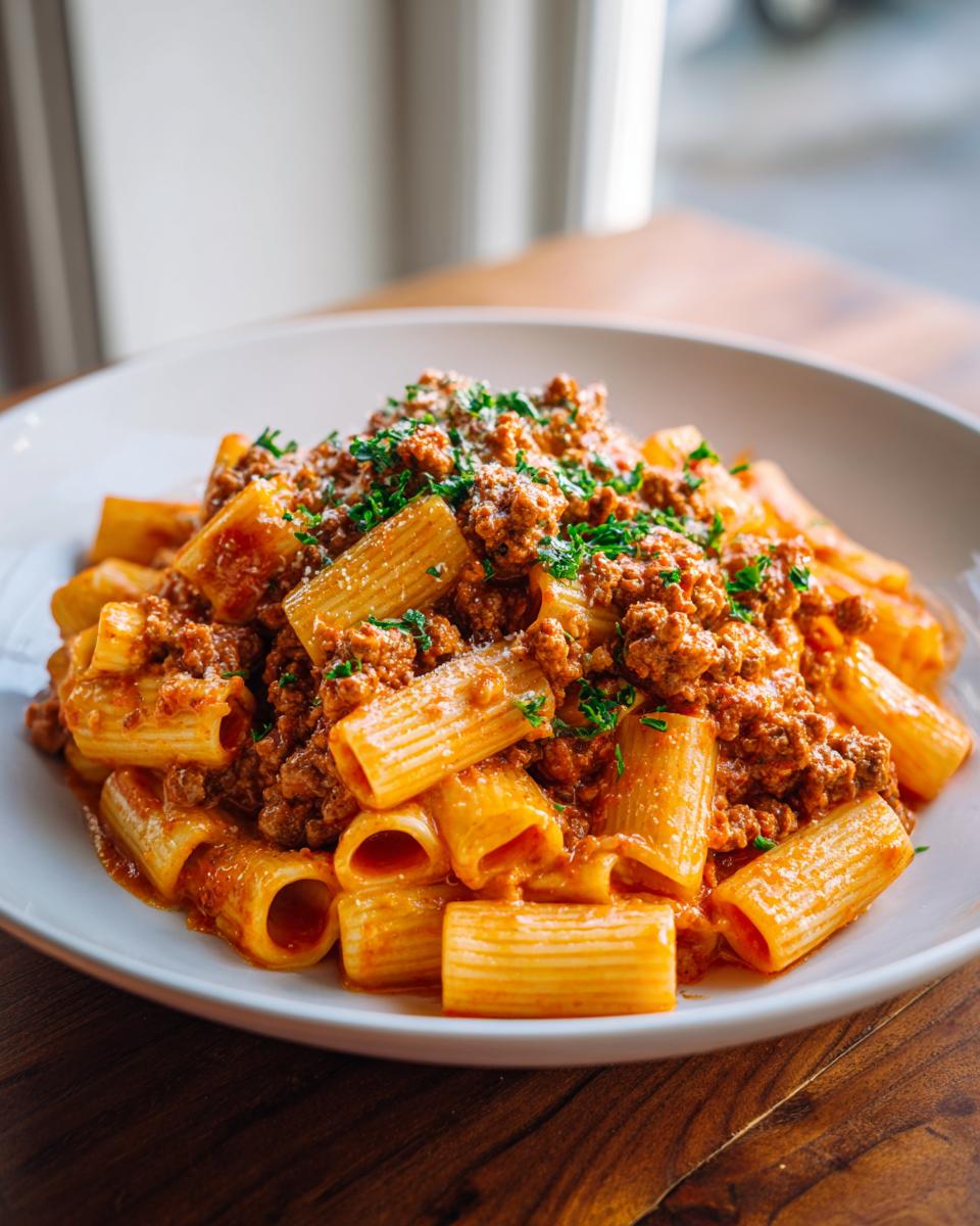 A close-up of creamy sausage pasta featuring rigatoni noodles coated in a rich meat sauce, topped with parsley.