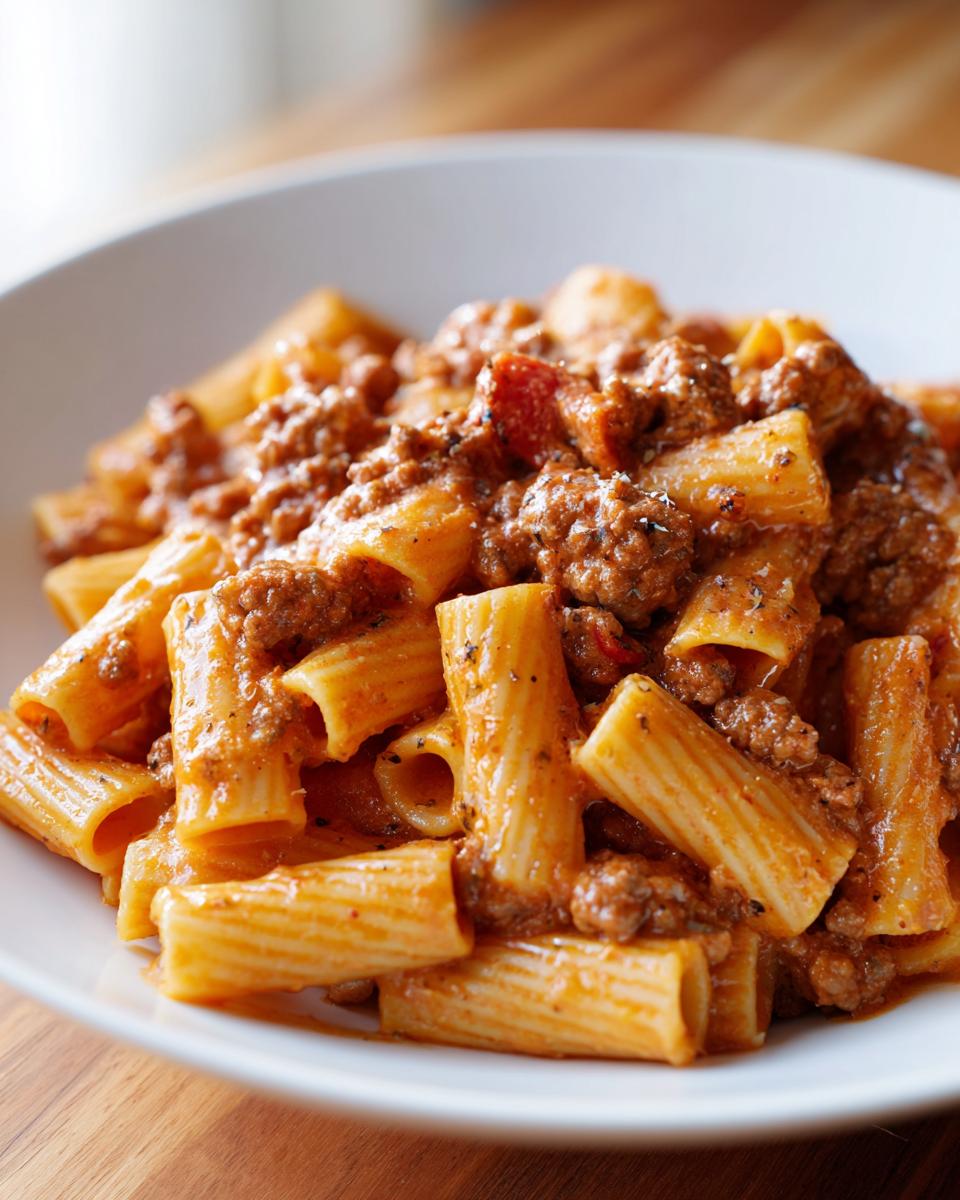 Close-up of creamy sausage pasta featuring rigatoni coated in a rich, reddish-brown sauce, served in a white bowl.