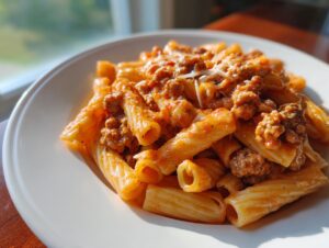 A close-up of creamy sausage pasta made with rigatoni noodles, topped with grated cheese, bathed in natural sunlight.