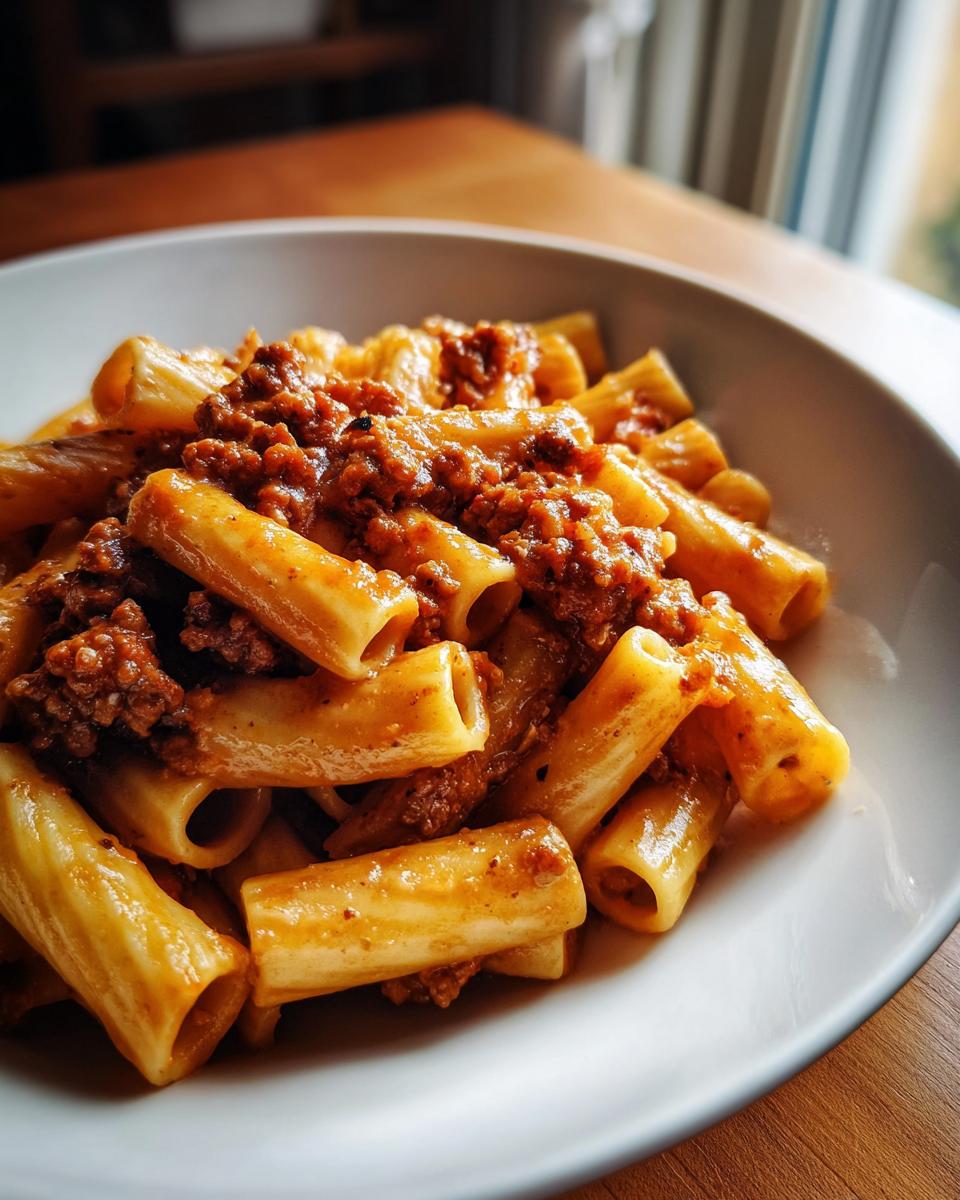 Close-up of creamy sausage pasta featuring rigatoni tubes coated in a rich sauce, served in a white bowl.