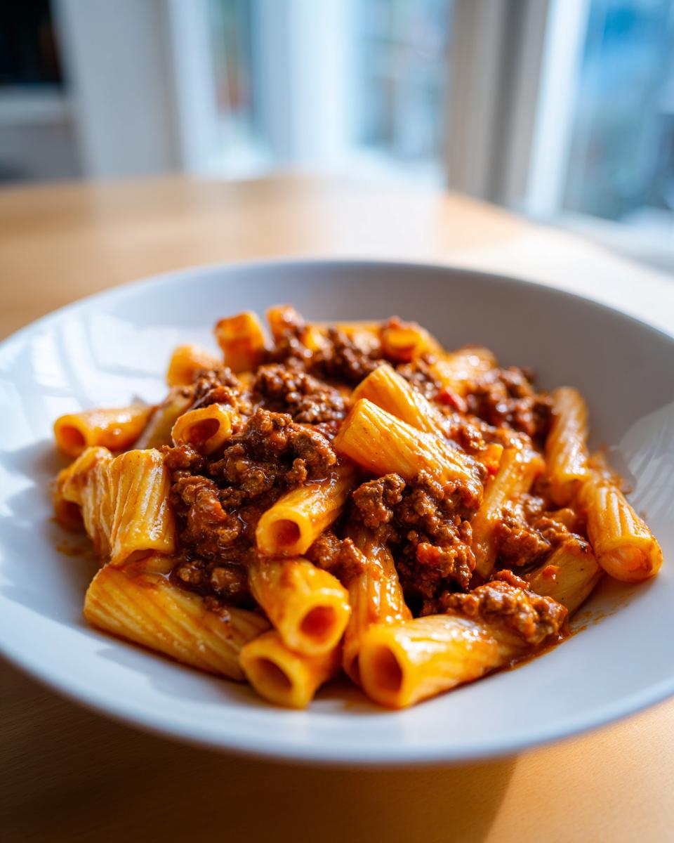 Close-up of creamy sausage pasta made with rigatoni noodles and rich meat sauce in a white bowl.