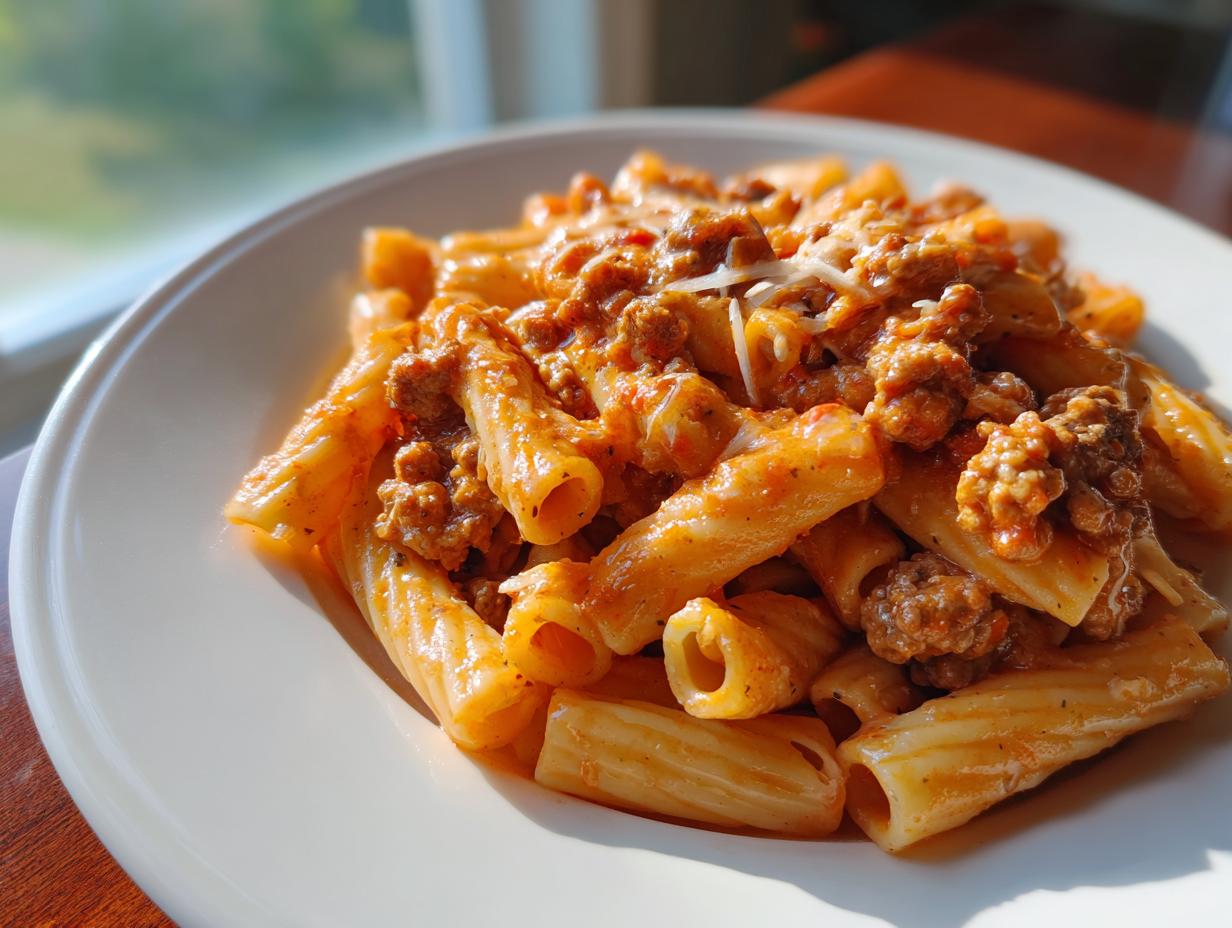 A close-up of creamy sausage pasta made with rigatoni noodles, topped with grated cheese, bathed in natural sunlight.