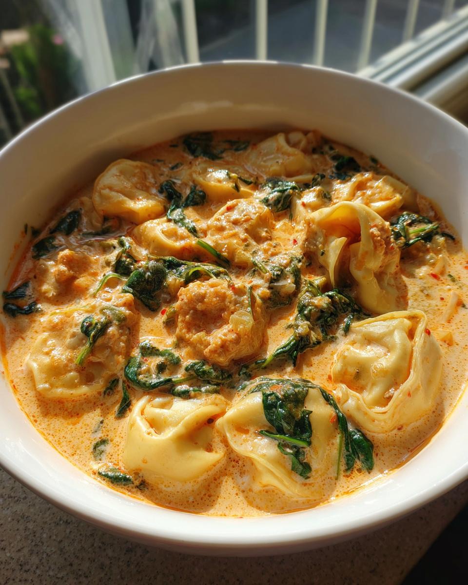 Close-up of a white bowl filled with rich, creamy sausage tortellini soup featuring spinach.
