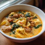 Close-up of a bowl of creamy sausage tortellini soup with spinach and chunks of sausage.