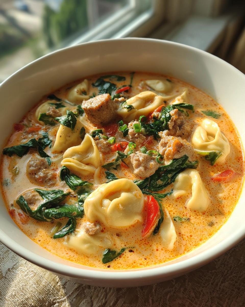 Close-up of a hearty bowl of creamy sausage tortellini soup with spinach and diced tomatoes.