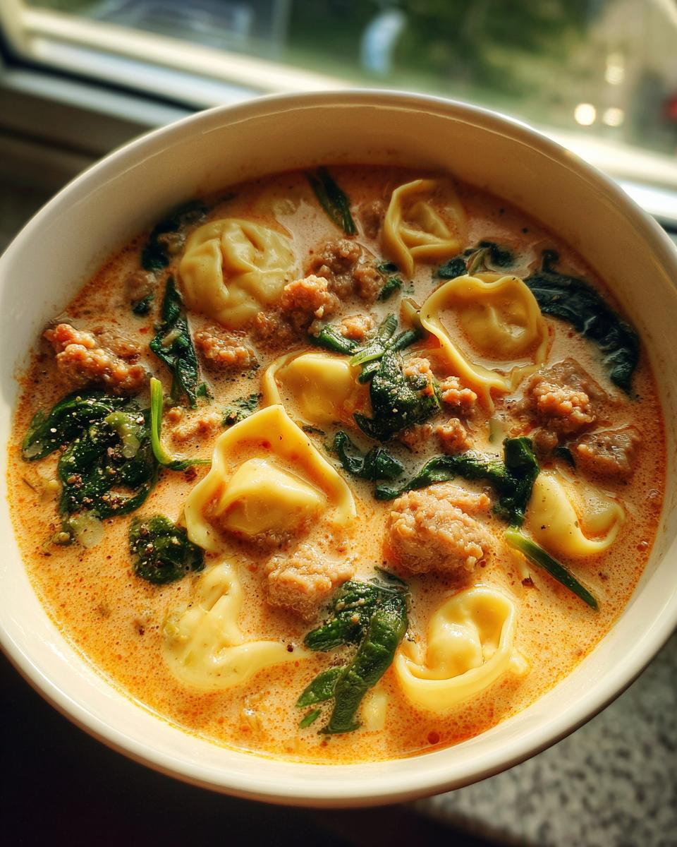 Close-up of a bowl of creamy sausage tortellini soup with wilted spinach, highlighted by natural light.