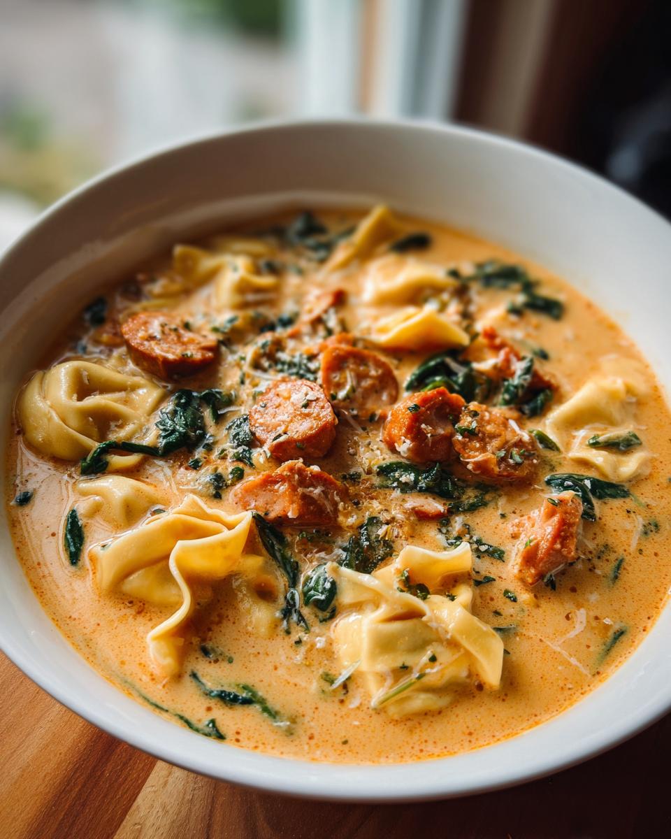 Close-up of a creamy, orange-hued sausage tortellini soup featuring sliced sausage and wilted spinach.