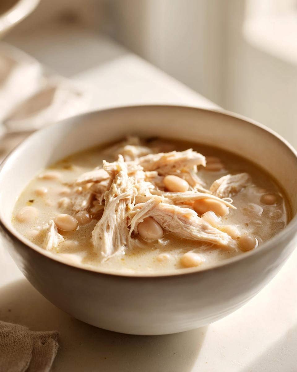 Close-up of a bowl filled with creamy white chicken chili featuring shredded white chicken and cannellini beans.