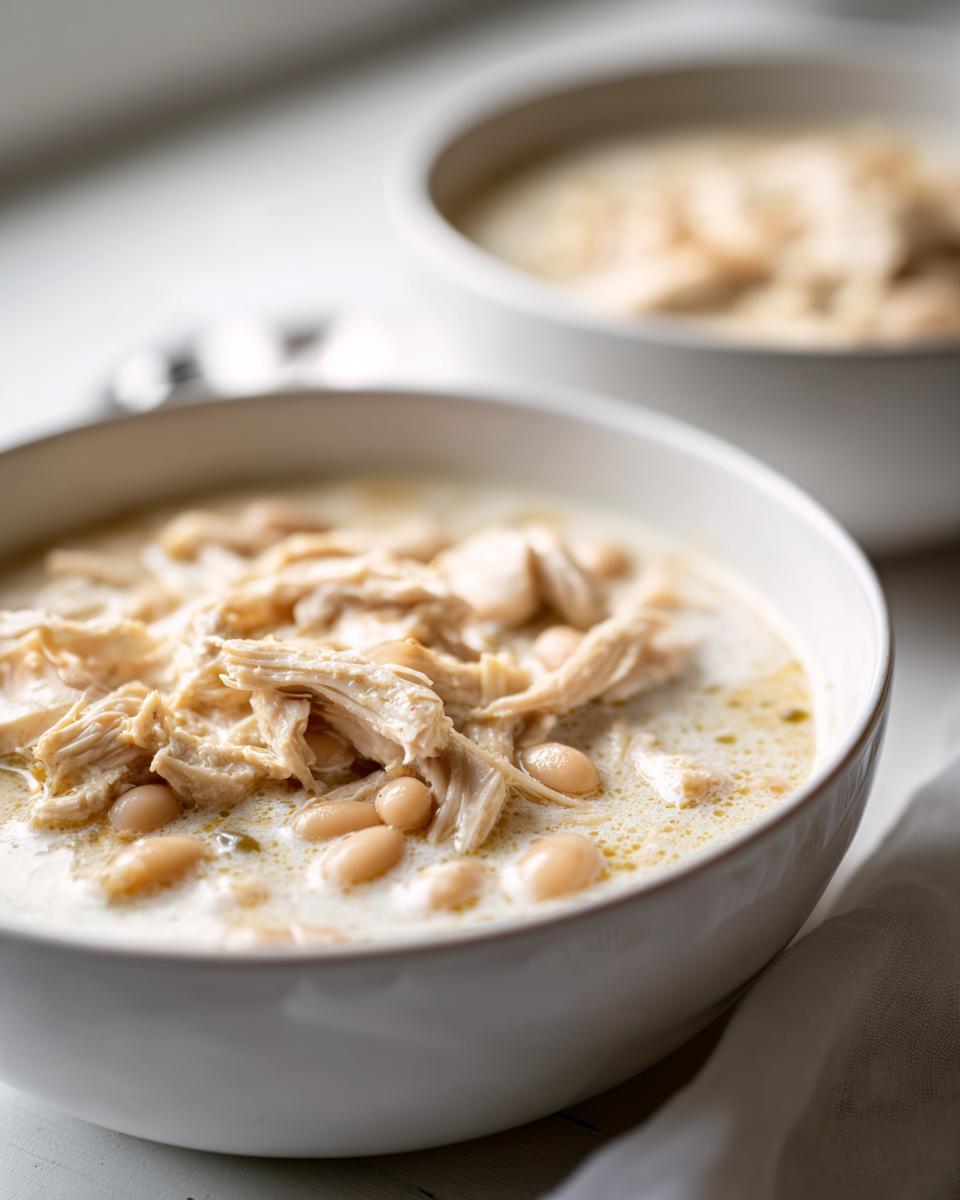 Close-up of a bowl of creamy white chicken soup topped with shredded white chicken and white beans.
