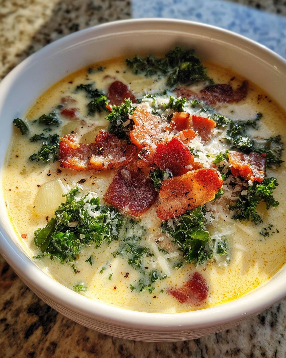 Close-up of a bowl of creamy Zuppa Toscana soup garnished with crispy bacon, chopped kale, and grated Parmesan cheese.