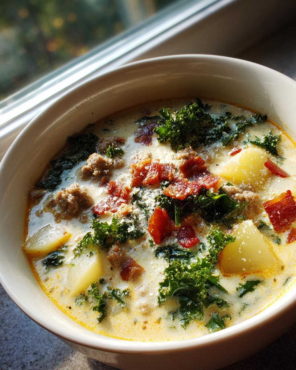 A close-up bowl of creamy Zuppa Toscana soup featuring chunks of potato, sausage, kale, and crispy bacon topping.
