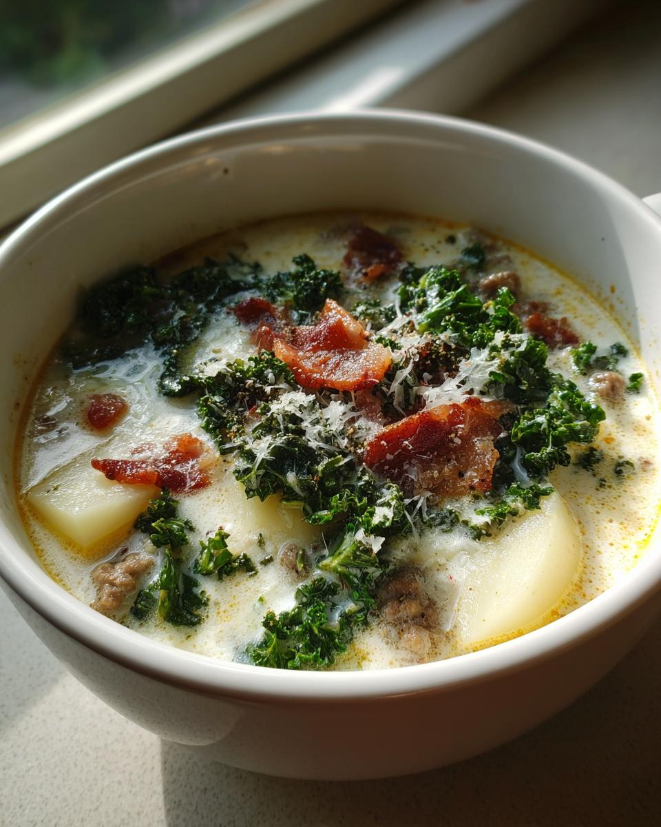 Close-up of a bowl of creamy Zuppa Toscana soup topped with crispy bacon, kale, and Parmesan cheese.