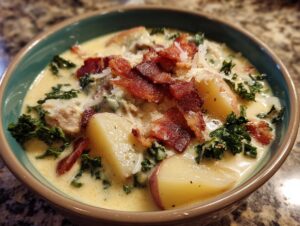 Close-up of a bowl of creamy Zuppa Toscana soup featuring potatoes, kale, sausage, and topped with crispy bacon.