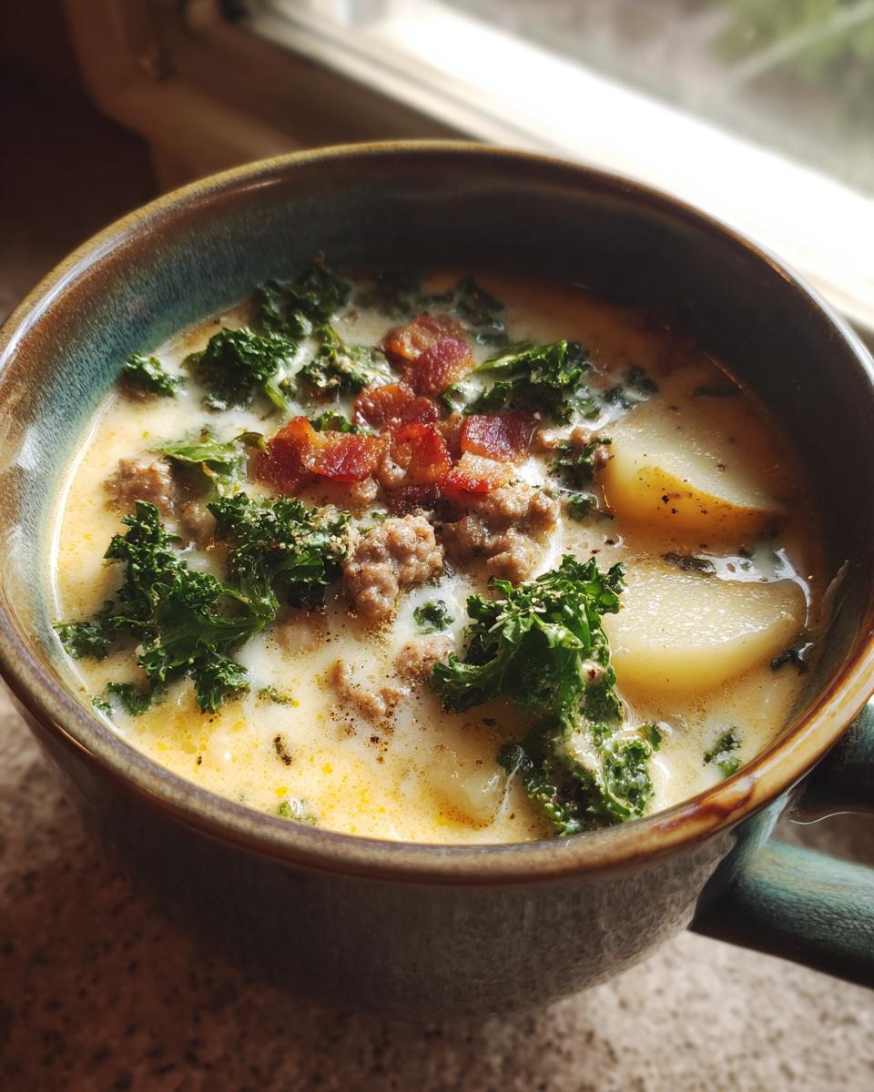 A close-up view of a hearty bowl of Zuppa Toscana soup, featuring sausage, potatoes, kale, and bacon bits in a creamy broth.