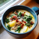 A close-up, overhead view of a hearty bowl of Zuppa Toscana soup topped with bacon, kale, and Parmesan cheese.