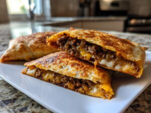 Close-up of crispy air fryer chimichangas cut in half, showing a savory ground beef and melted cheese filling.
