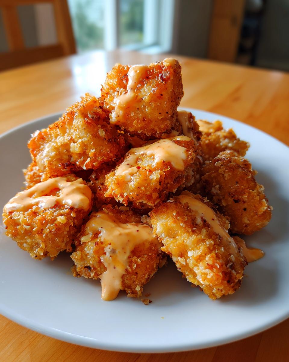 A pile of crispy, golden-brown Bang Bang Chicken pieces drizzled with a creamy orange sauce on a white plate.