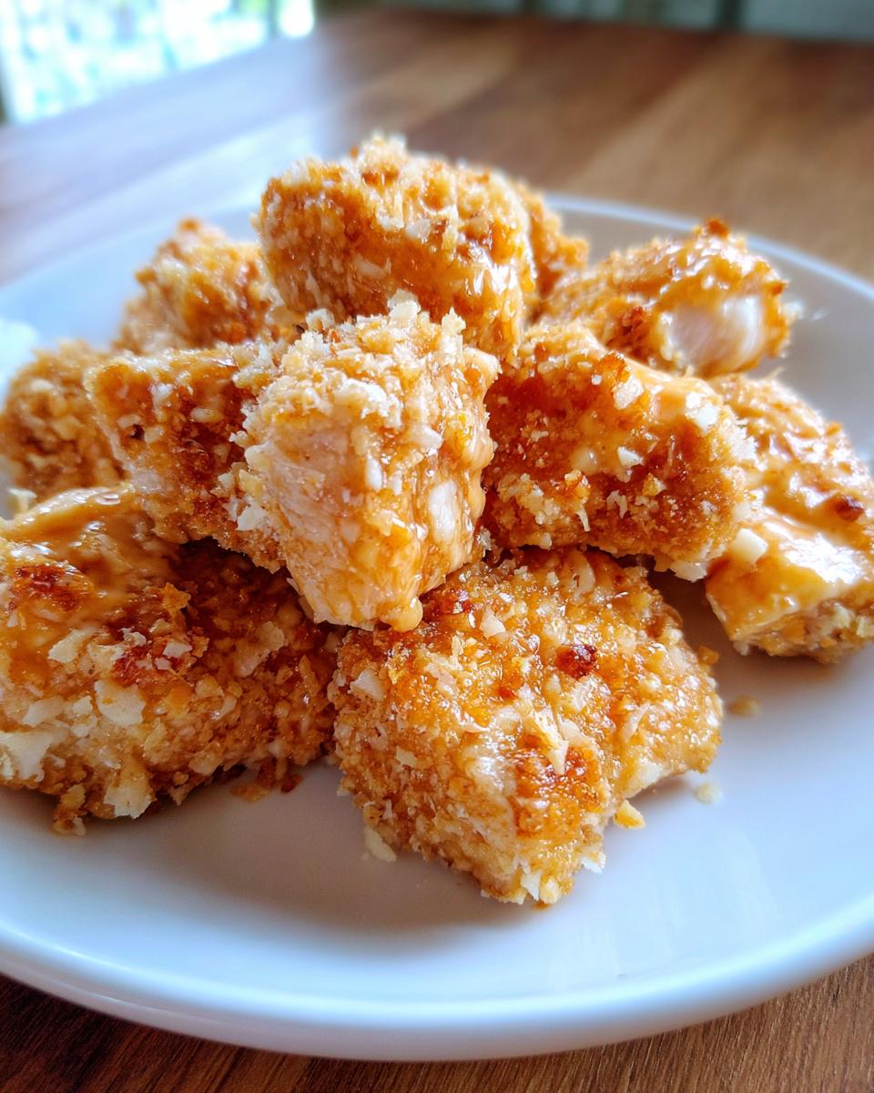 Close-up of crispy, sauced Bang Bang Chicken pieces piled on a white plate.