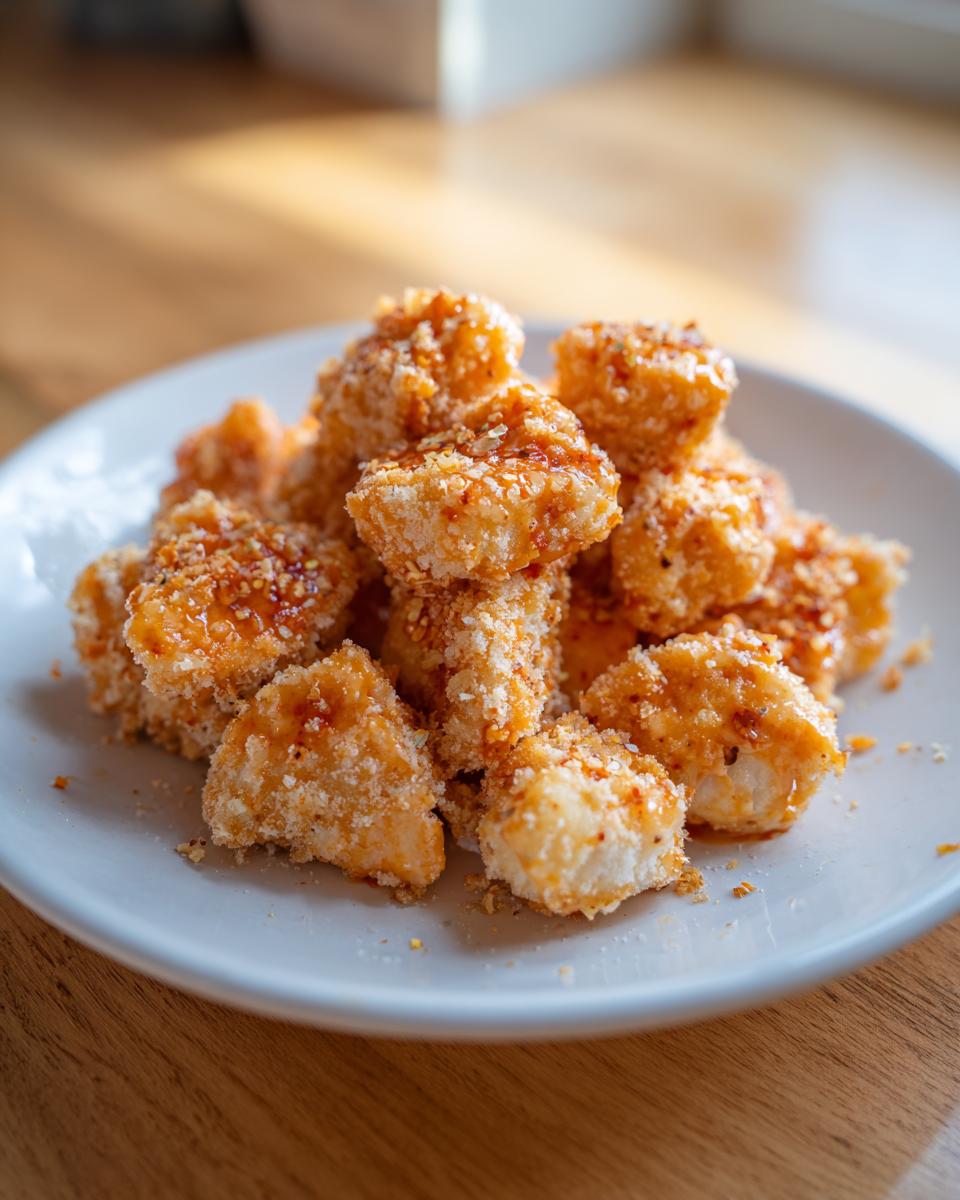 A pile of crispy, bite-sized pieces of Bang Bang Chicken drizzled with sauce and sprinkled with seasoning on a light plate.