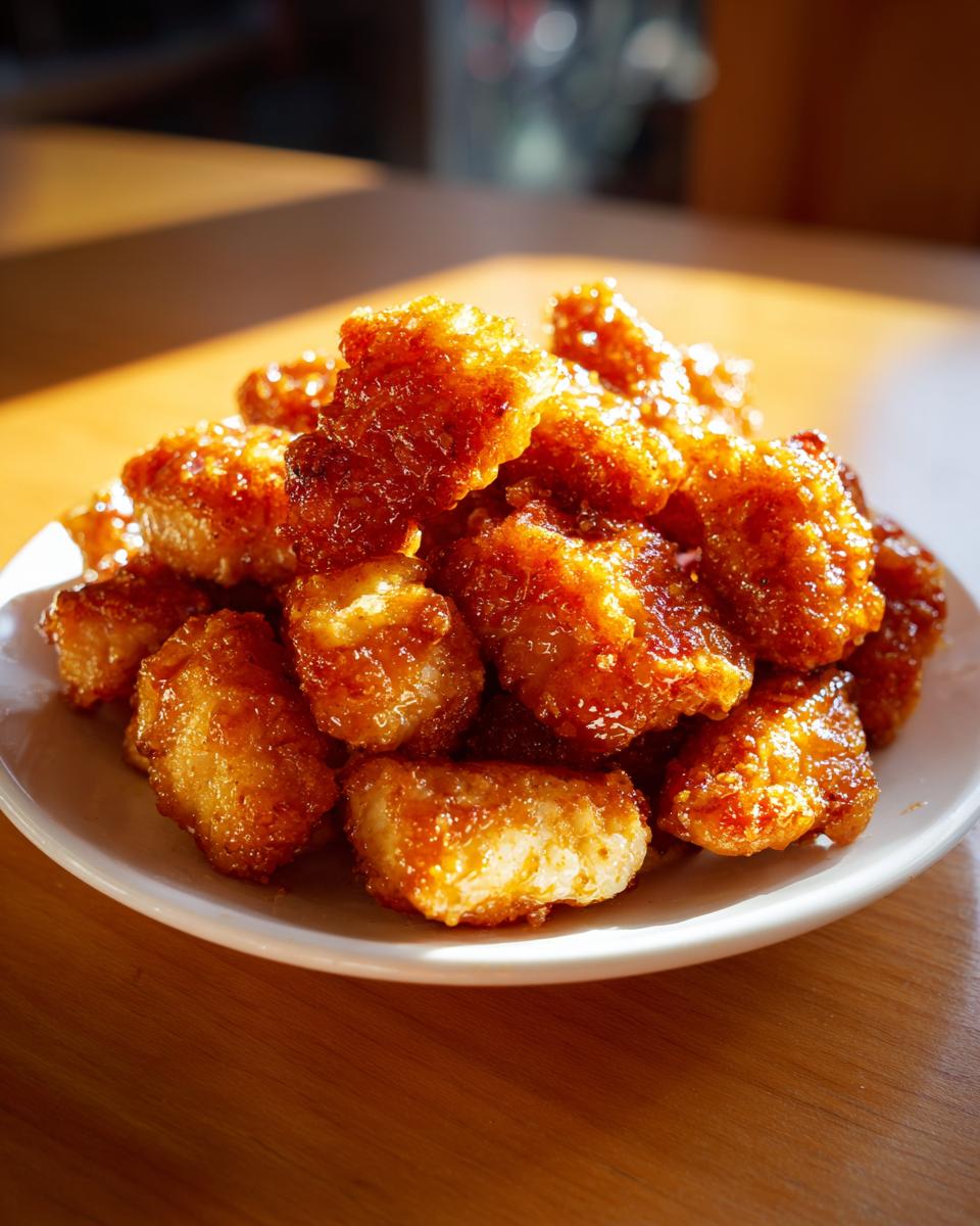 A pile of crispy, glazed Bang Bang Chicken pieces served on a small white plate under warm lighting.