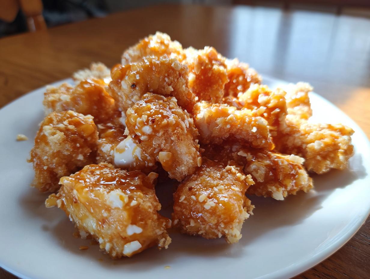A pile of crispy, golden brown Bang Bang Chicken pieces coated in a glossy, sweet and spicy sauce and sprinkled with sesame seeds.