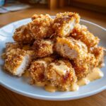 Close-up of crispy, golden brown Bang Bang Chicken pieces piled on a plate and drizzled with creamy orange sauce.