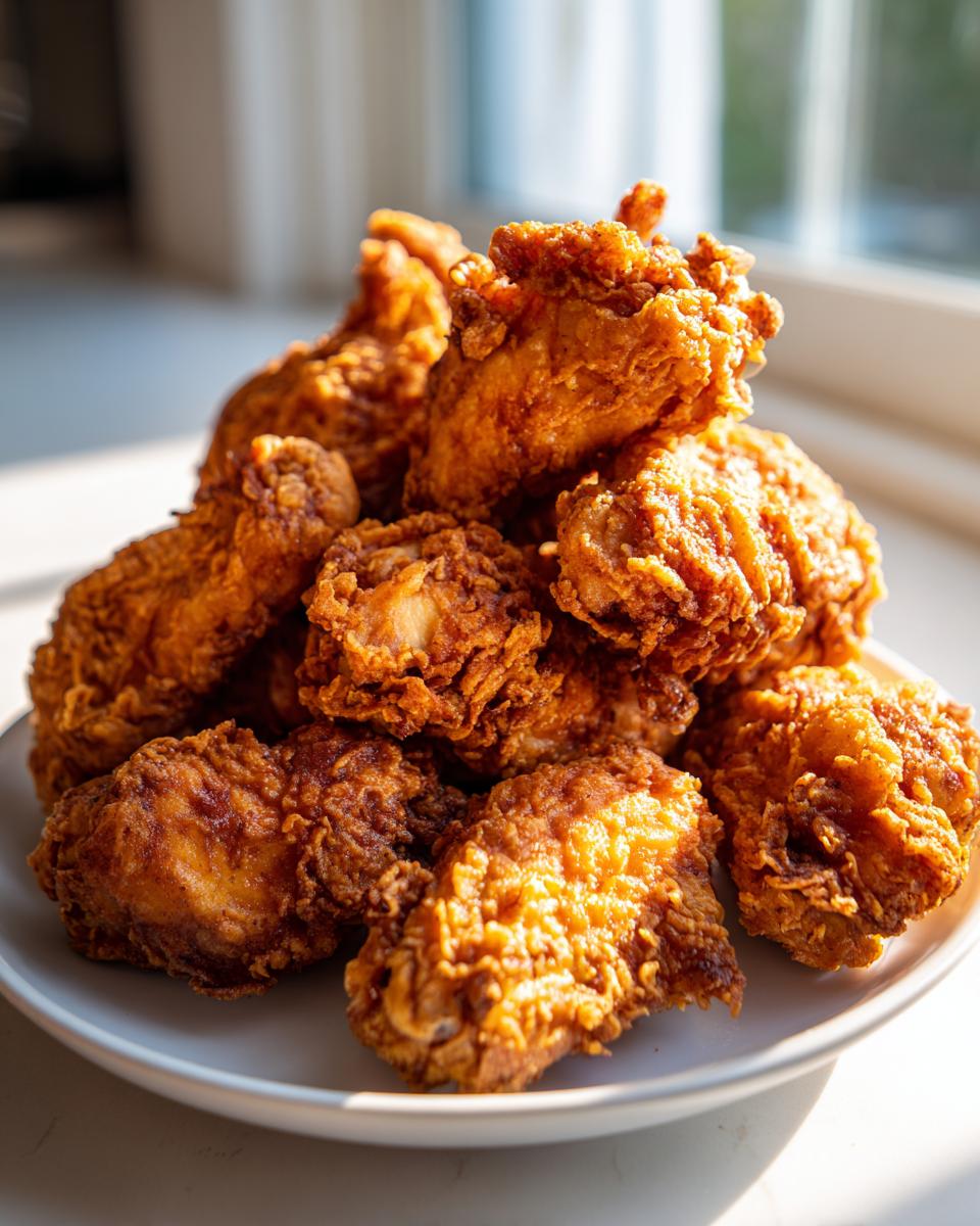 A pile of golden brown, crispy fried chicken wings stacked high on a white plate, backlit by natural window light.