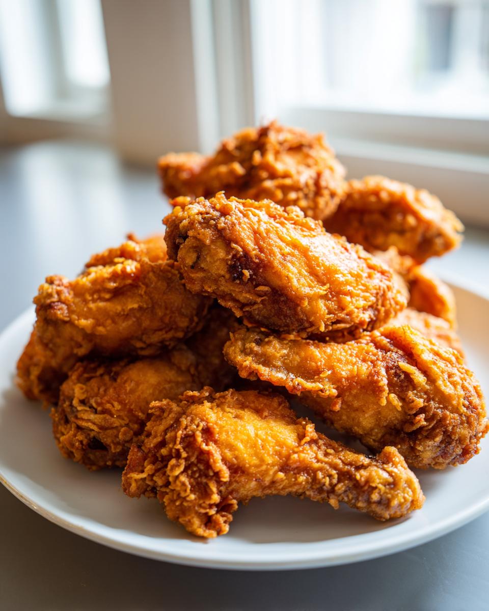 A close-up of a pile of golden brown, crispy fried chicken wings served on a white plate.