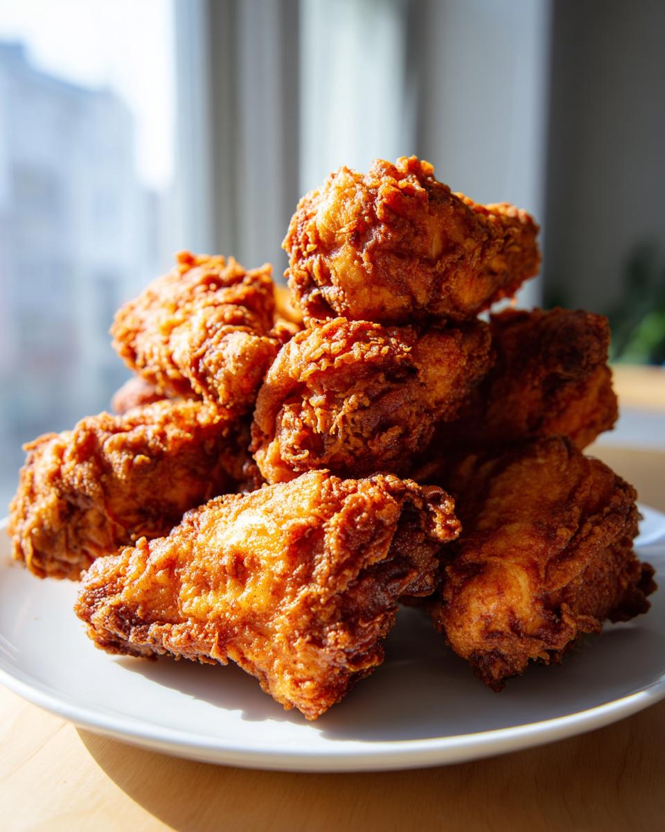 A close-up stack of golden brown, crispy fried chicken wings resting on a white plate.