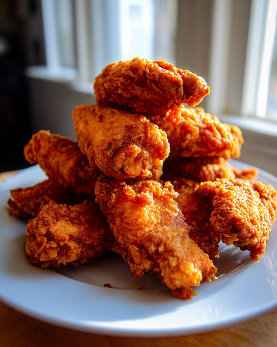A tall stack of golden brown, crispy fried chicken wings piled high on a white plate.
