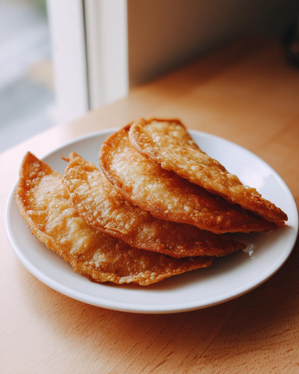 Four golden brown, crispy fried potato tacos stacked on a small white plate near a window.