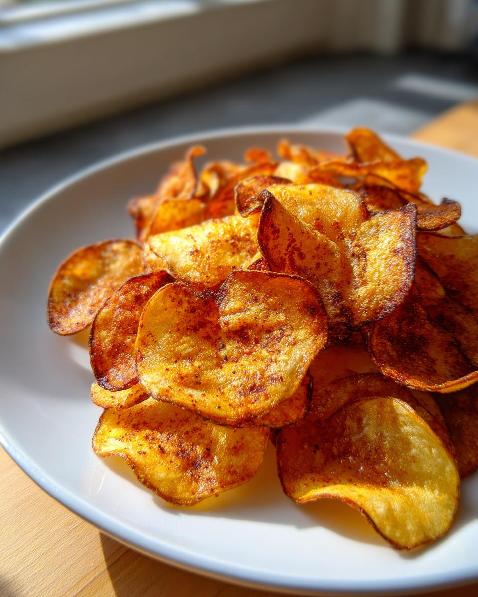 A close-up of golden, crispy homemade potato chips seasoned with spices, piled high on a white plate.