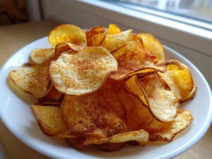 A white bowl filled with homemade, crispy potato chips seasoned lightly with red spice.