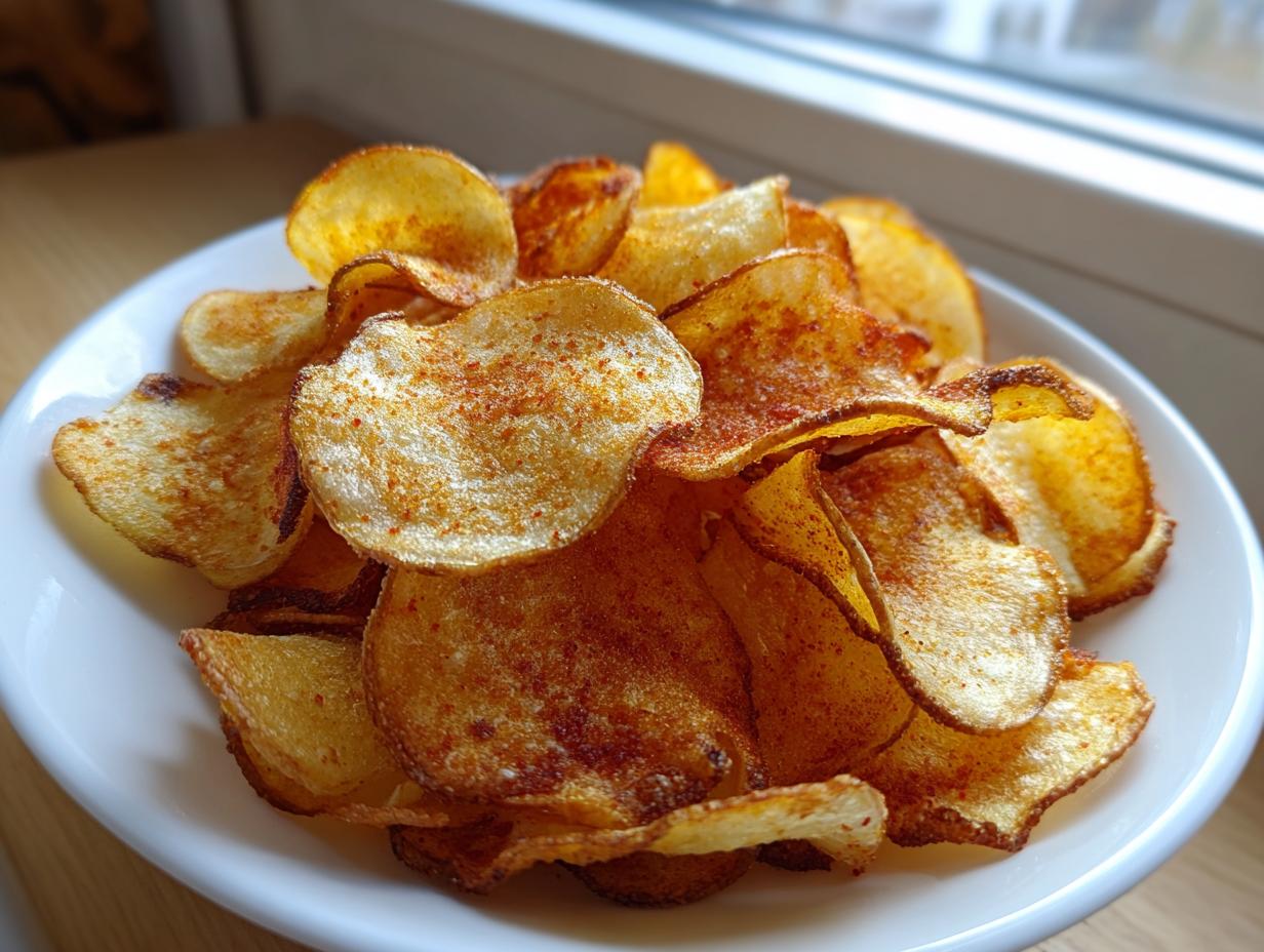 A white bowl filled with homemade, crispy potato chips seasoned lightly with red spice.