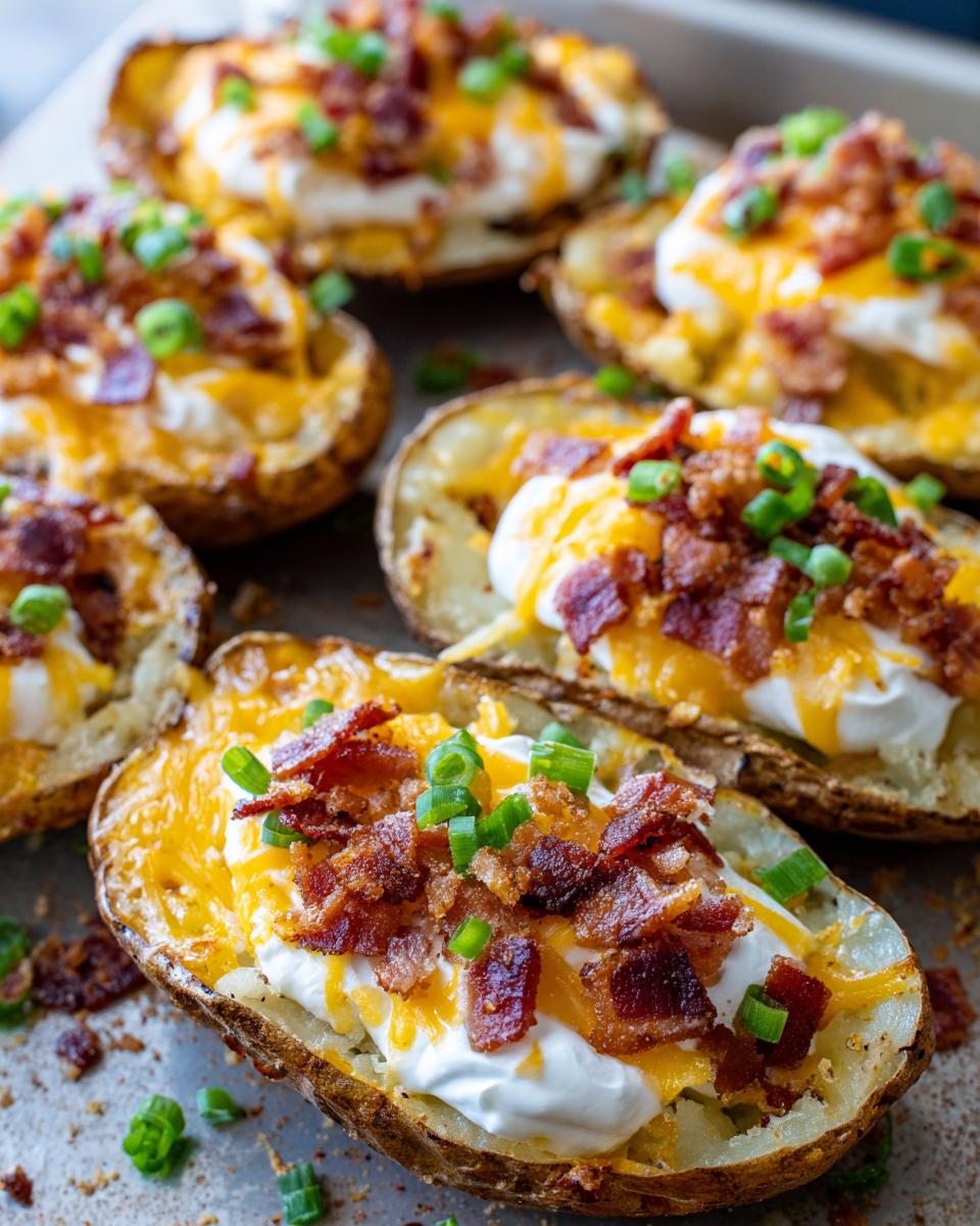 Close-up of several crispy potato skins loaded with sour cream, melted cheddar cheese, bacon bits, and green onions.
