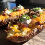 Close-up of two crispy potato skins loaded with melted cheddar cheese, bacon bits, sour cream, and green onions.