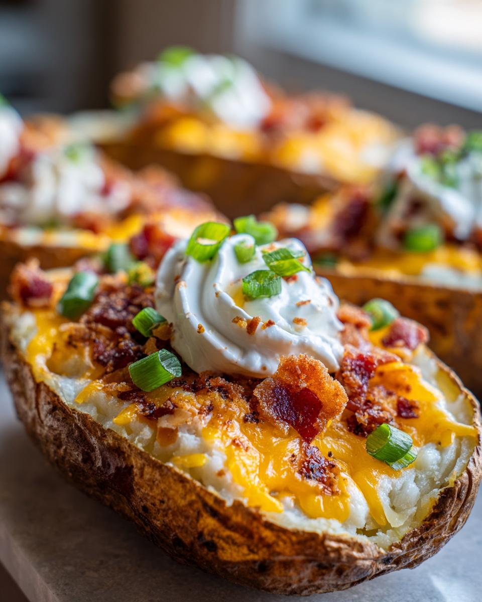 Close-up of a loaded potato skins appetizer topped with melted cheddar, bacon bits, sour cream, and green onions.