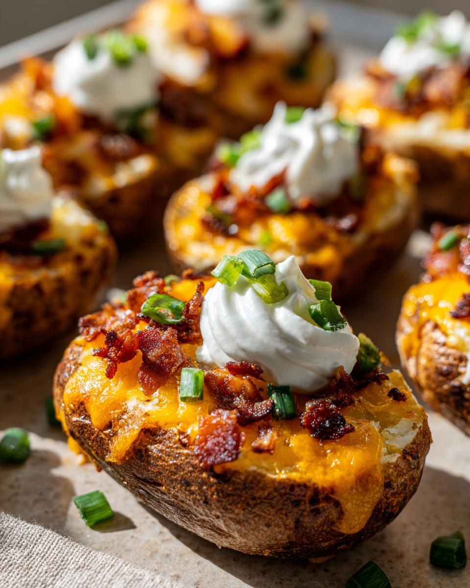 A close-up of one fully loaded, crispy potato skins topped with melted cheddar cheese, bacon bits, sour cream, and green onions.