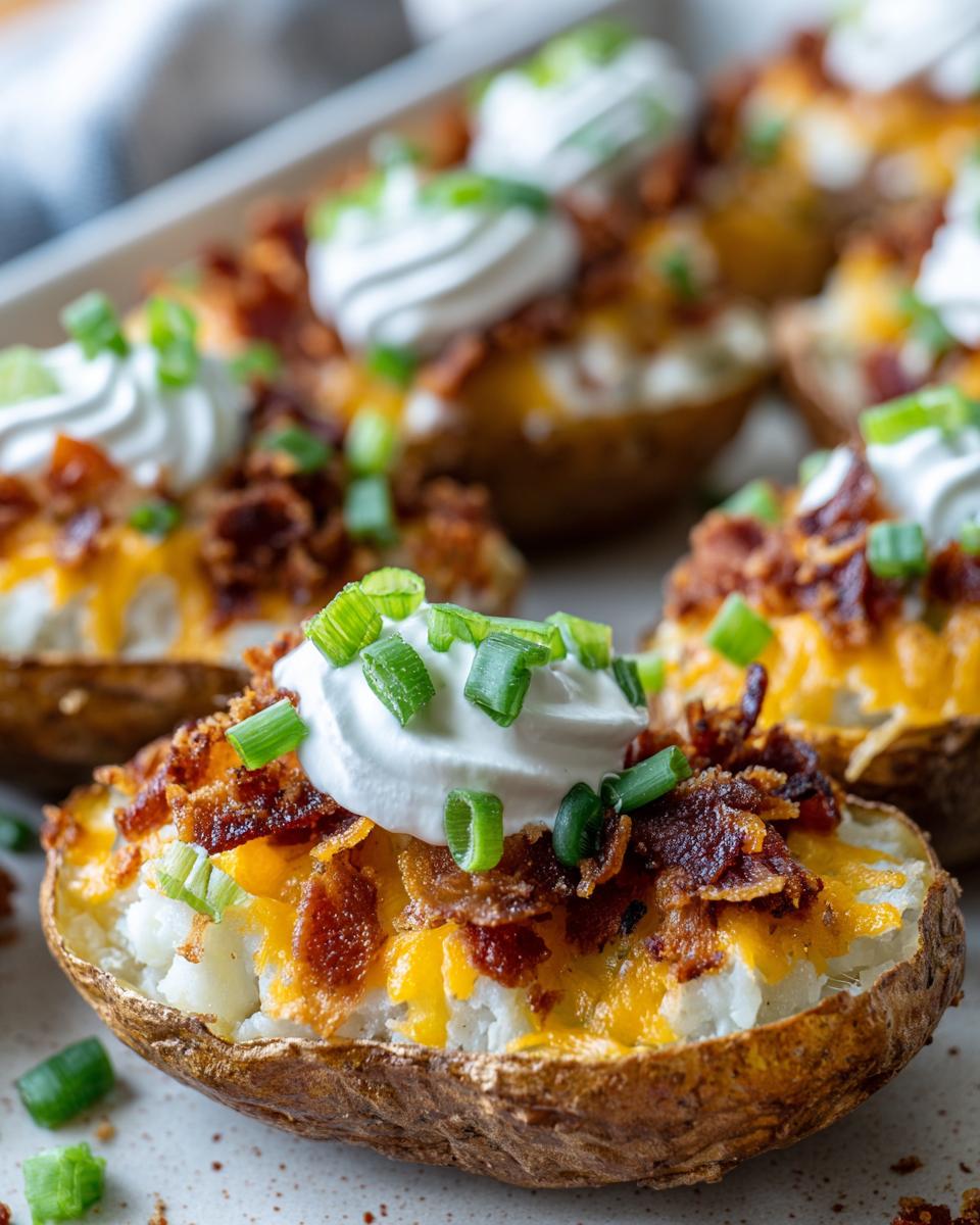 Close-up of a loaded potato skins half, filled with cheese, bacon, sour cream, and green onions.