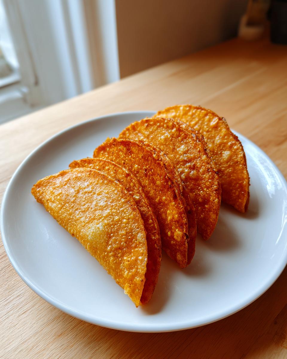 Four crispy, golden-brown fried potato tacos lined up diagonally on a white plate.