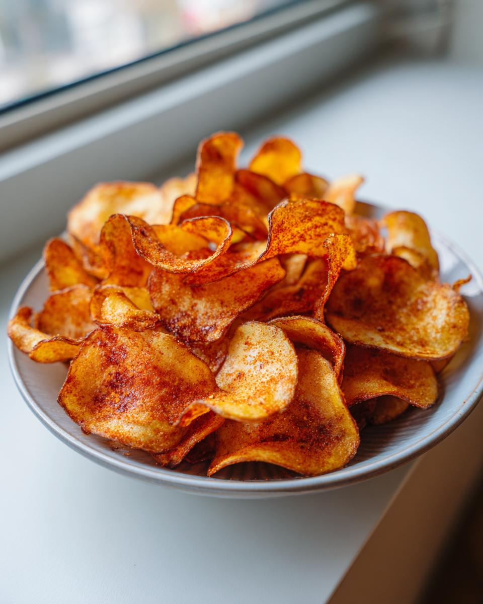 A close-up of a bowl filled with homemade, crispy, seasoned potato chips sitting by a window.