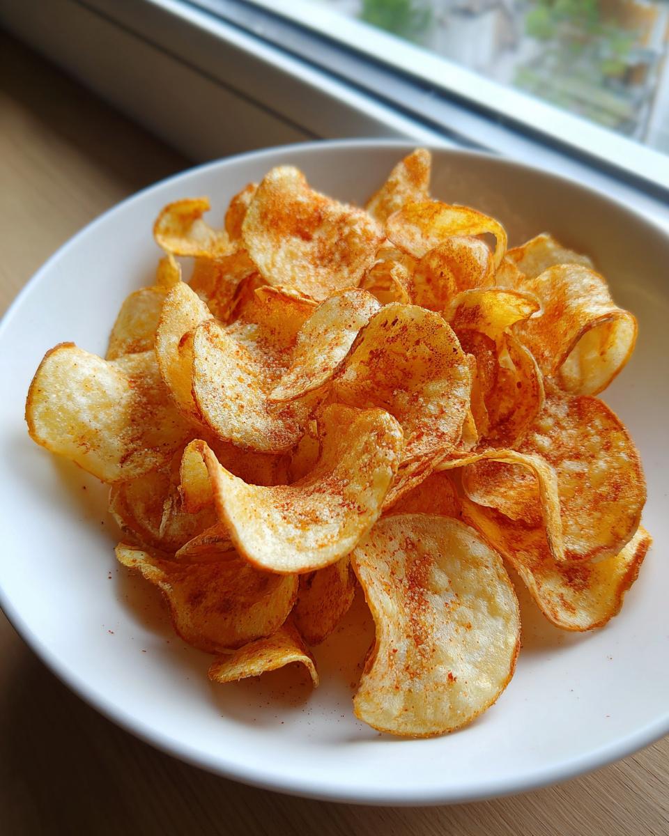 A white bowl filled with homemade, crispy potato chips seasoned with paprika or chili powder.