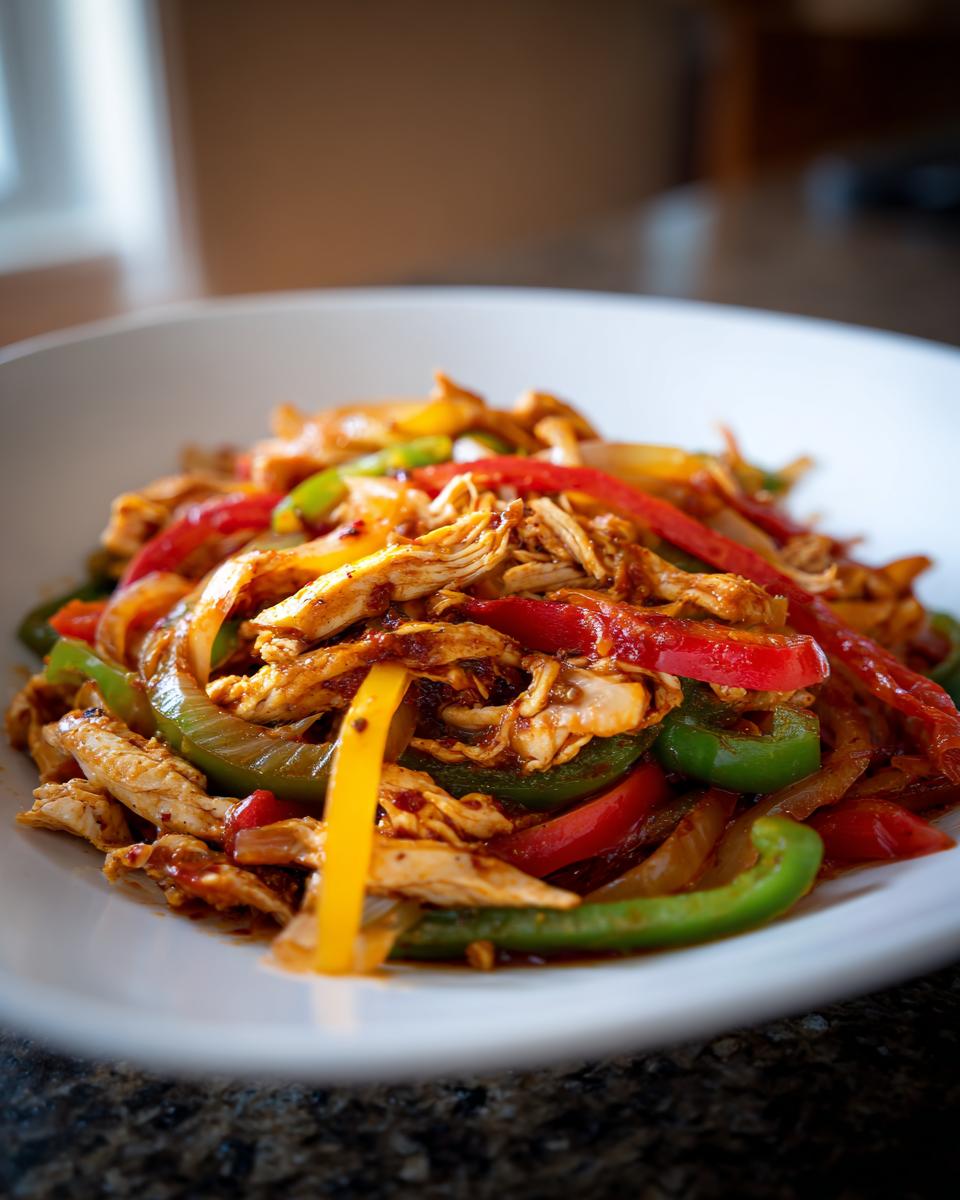 Close-up of shredded chicken mixed with colorful bell peppers in a white bowl, ready for crockpot chicken fajitas.